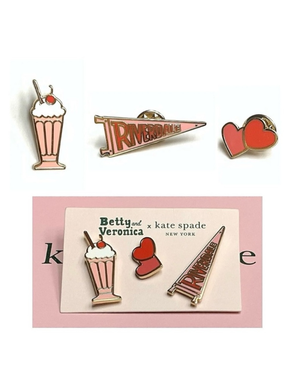 NWT Kate Spade ♠️ x Betty & Veronica Archie Comics Gold Plated Enamel 3 Pin Set
